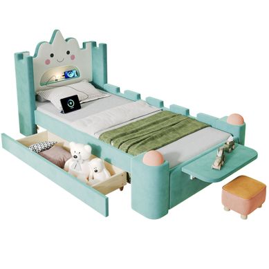 Lit Enfant 90 × 200 Cm Avec Lampe De Lecture, USB, Tiroir Et Tablette Rabattable, Velours Bleu Vert