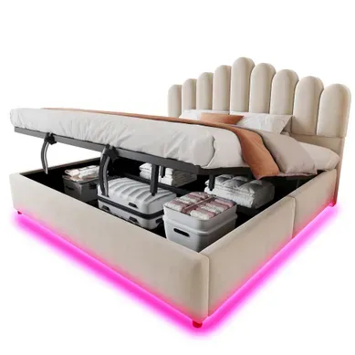 Lit Coffre 180 × 200 Cm Avec Rangement Hydraulique Et éclairage LED, Velours Beige