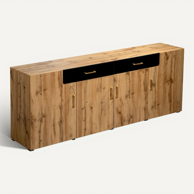 Buffet Bas 208x39.5x80cm, 4 Portes, 2 Tiroirs, Grand Rangement, Panneau De Particules, Brun+noir Buffet Bas 208x39.5x80cm, 4 Portes, 2 Tiroirs, Grand Rangement, Panneau De Particules, Brun+noir