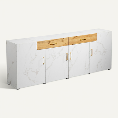 Buffet 208 X 39,5 X 80 Cm, 4 Portes, Motif De Marbre En Panneaux De Particules, Mdf, Pvc, Blanc Buffet 208 X 39,5 X 80 Cm, 4 Portes, Motif De Marbre En Panneaux De Particules, Mdf, Pvc, Blanc