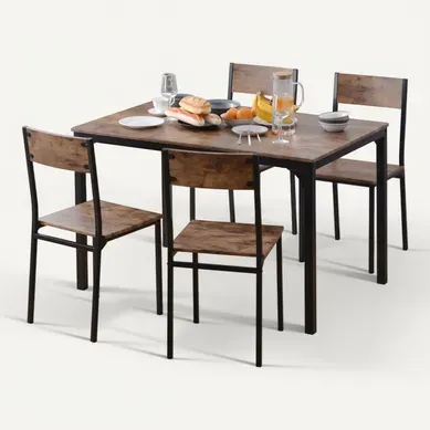 Ensemble Table Et Assise 108x65x75/41x38x86 Cm, Table Et 4 Chaises, Mdf, Pvc, Métal, Brun+noir Ensemble Table Et Assise 108x65x75/41x38x86 Cm, Table Et 4 Chaises, Mdf, Pvc, Métal, Brun+noir