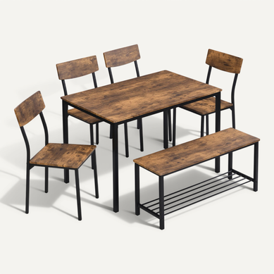 Ensemble Table Et Assise, 1 Table à Manger, 4 Chaises Et 1 Banc, Mdf Et Acier, Couleur Brun+noir Ensemble Table Et Assise, 1 Table à Manger, 4 Chaises Et 1 Banc, Mdf Et Acier, Couleur Brun+noir