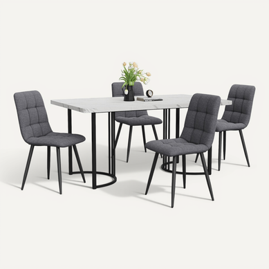 Ensemble Table Et 4 Chaises 140x80x75+46x44x86cm, Motif Marbre, Mdf, Lin, Pieds Métal, Blanc+noir Ensemble Table Et 4 Chaises 140x80x75+46x44x86cm, Motif Marbre, Mdf, Lin, Pieds Métal, Blanc+noir
