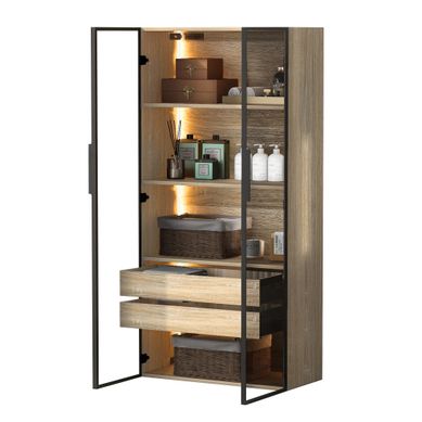 Meuble De Rangement Salle De Bain 74x36x155 Cm, LED, 2 Tiroirs, Mdf, Verre Dépoli, Brun+bois Meuble De Rangement Salle De Bain 74x36x155 Cm, LED, 2 Tiroirs, Mdf, Verre Dépoli, Brun+bois