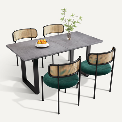 Ensemble Table à Manger, 4 Chaises Velours Rotin, Plateau De Table En Panneaux Particules, Noir+gris Ensemble Table à Manger, 4 Chaises Velours Rotin, Plateau De Table En Panneaux Particules, Noir+gris