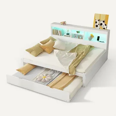 Lit Double 140x200 Cm, Lit Gigogne 90x190 Cm, LED, Prises USB, Mdf, Panneaux De Particules, Blanc Lit Double 140x200 Cm, Lit Gigogne 90x190 Cm, LED, Prises USB, Mdf, Panneaux De Particules, Blanc