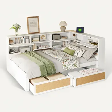 Canapé-lit 140x200 Cm, 6 Niches, 2 Tiroirs De Rangement, Prises USB, Pin, Contreplaqué, Mdf, Blanc