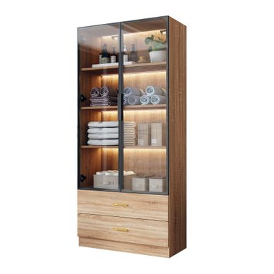 Meuble Salle De Bain 75x34.5x170 Cm, Éclairage, 2 Tiroirs Et 2 Portes Vitrées, Mdf, Brun Meuble Salle De Bain 75x34.5x170 Cm, Éclairage, 2 Tiroirs Et 2 Portes Vitrées, Mdf, Brun