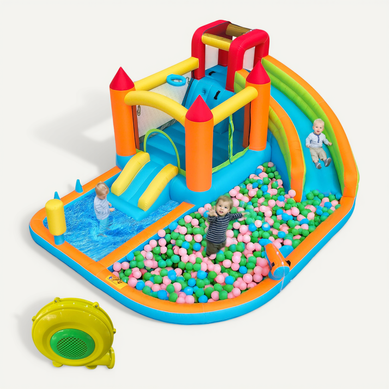 Château Gonflable Extérieur 460x343x190cm, Toboggan Eau Et Trampoline, Tissu Oxford, Multicolore