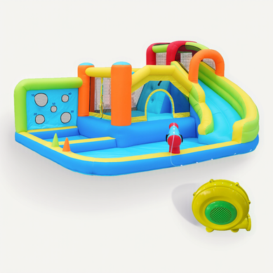 Château Gonflable 410x315x203 Cm, 450 W, Parc Aquatique Avec Toboggan, Tissu Oxford, Multicolore