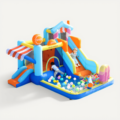 Château Gonflable Enfant 395x340x236cm, Parc Aquatique Avec Souffleur 450 W, Tissu Oxford, Bleu