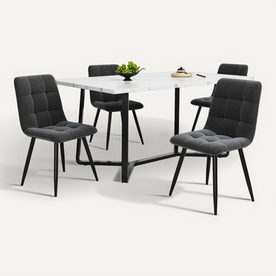 Ensemble Table Et 4 Chaises 138.5x75x76+46x44x86 Cm, Plateau Effet Marbre, Mdf, Métal, Velours Gris Ensemble Table Et 4 Chaises 138.5x75x76+46x44x86 Cm, Plateau Effet Marbre, Mdf, Métal, Velours Gris