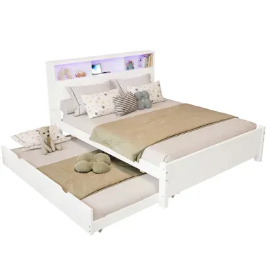 Lit 120x200 Cm, Lit Gigogne 90x190 Cm, Prise USB, LED, 3 Niches, Pin, Mdf, Contreplaqué, Blanc