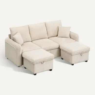 Canapé Angle Fixe 3 Places, Convertible En L, 2 Tiroirs, 2 Poufs Avec Coffre, Velours Côtelé Beige
