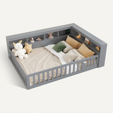 Lit Enfant 140x190 Cm, Prises Et USB Et Rangement Latéral, 7 Niches, Panneaux De Particules, Gris Lit Enfant 140x190 Cm, Prises Et USB Et Rangement Latéral, 7 Niches, Panneaux De Particules, Gris