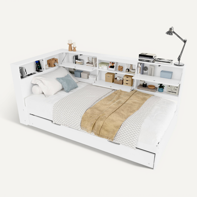 Lit Gigogne 90x200+90x190cm, Tête De Lit Avec Rangement En L, Prise USB, Bois, Mdf, Blanc Lit Gigogne 90x200+90x190cm, Tête De Lit Avec Rangement En L, Prise USB, Bois, Mdf, Blanc
