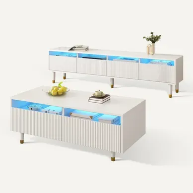 Meuble TV 178x35x45 Cm Et Table Basse 110x50x40 Cm, éclairage LED 7 Couleurs, Mdf, Blanc Et Doré