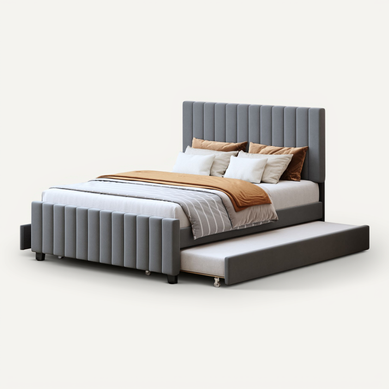 Lit Gigogne 140x190+90x190 Cm, 2 Tiroirs De Rangement, Mdf, Métal, Velours, Gris Lit Gigogne 140x190+90x190 Cm, 2 Tiroirs De Rangement, Mdf, Métal, Velours, Gris