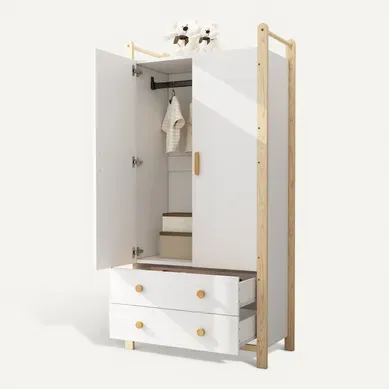 Armoire 2 Portes 89.6x44x180.5 Cm, Penderie Avec Tiroirs, Mdf Et Bois, Blanc Et Naturel