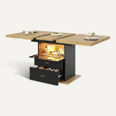 Table Extensible 110-140x80x75cm, 2 Tiroirs, éclairage LED, Motif De Bois, Mdf Et Métal, Noir Table Extensible 110-140x80x75cm, 2 Tiroirs, éclairage LED, Motif De Bois, Mdf Et Métal, Noir