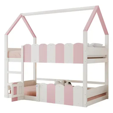 Lit Superposé Enfant 90x200 Cm Avec Barrières De Sécurité, 1 Sommier, En Bois Et Mdf, Blanc, Rose