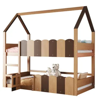 Lit Superposé Enfant 90x200 Cm Avec Barrières, 1 Sommier, En Bois Et Mdf, Couleur Bois+marron