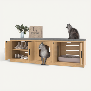 Meuble à Litière Chat 140x40x45,5 Cm, Bancbanc à Chaussures 4 En 1 Ventilé, Pb, Couleur Bois Meuble à Litière Chat 140x40x45,5 Cm, Bancbanc à Chaussures 4 En 1 Ventilé, Pb, Couleur Bois