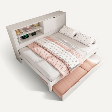 Lit Gigogne 140x190+90x190 Cm, Rangement Tête De Lit Avec USB, 2 Niches, Bois Mdf, Couleur Blanc Lit Gigogne 140x190+90x190 Cm, Rangement Tête De Lit Avec USB, 2 Niches, Bois Mdf, Couleur Blanc