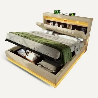 Lit Coffre 140x190 Cm, LED Et Ports USB Type C, Structure En Métal Et Bois, Tissu Lin, Beige Lit Coffre 140x190 Cm, LED Et Ports USB Type C, Structure En Métal Et Bois, Tissu Lin, Beige