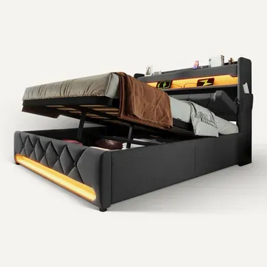 Lit Coffre 140x190 Cm, LED 360 Et Tête De Lit Avec Rangement, USB, Métal Et Bois, Lin Gris