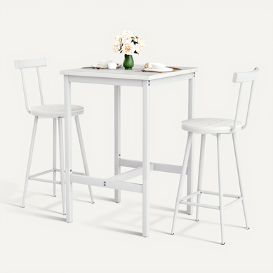 Ensemble Table De Bar 60x60x92 Cm, 2 Tabourets Avec Dossier, Métal Et Panneaux De Bois, Blanc Ensemble Table De Bar 60x60x92 Cm, 2 Tabourets Avec Dossier, Métal Et Panneaux De Bois, Blanc