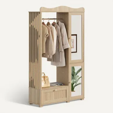 Armoire Dressing 115,5x38,5x194,5 Cm, Porte Avec Miroir, Penderie Ouverte, Tiroir, Mdf, Couleur Bois