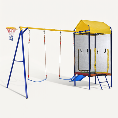 Aire De Jeux 4 En 1, Trampoline Avec Filet, Double Balançoire Et Toboggan, Fer, Multicolore