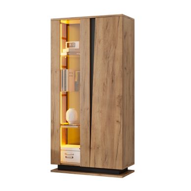 Vitrine 80x35x160 Cm, LED, 8 étagères, Panneaux De Particules, Coloris Bois Naturel Et Noir Vitrine 80x35x160 Cm, LED, 8 étagères, Panneaux De Particules, Coloris Bois Naturel Et Noir