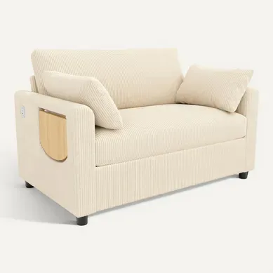 Canapé Convertible 2 Places 134x82x84 Cm, Table D Accoudoir Rabattable, Velours Côtelé, Beige Canapé Convertible 2 Places 134x82x84 Cm, Table D Accoudoir Rabattable, Velours Côtelé, Beige