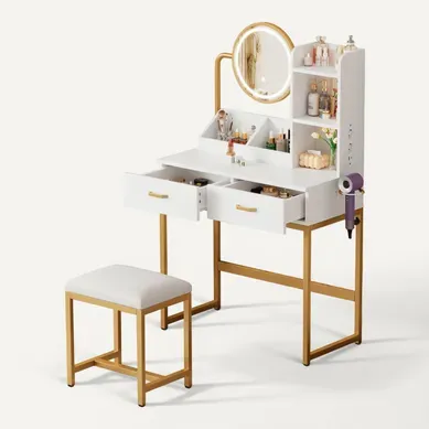 Coiffeuse 80x40x138,5 Cm, Miroir LED Avec Prises, 2 Tiroirs Et Tabouret, Bois, Blanc Et Or Coiffeuse 80x40x138,5 Cm, Miroir LED Avec Prises, 2 Tiroirs Et Tabouret, Bois, Blanc Et Or