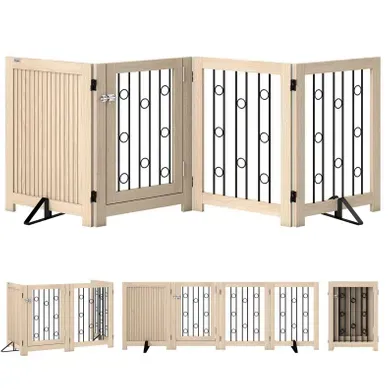 Barrière Pour Chien 4 Panneaux, Pliable Avec Porte, Bois Et Acier, Couleur Bois Barrière Pour Chien 4 Panneaux, Pliable Avec Porte, Bois Et Acier, Couleur Bois