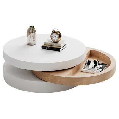 Table Basse Ronde 60x60x35,1 Cm, Rotative 360 Degrés, Rangement Caché, Mdf Blanc Et Bois Table Basse Ronde 60x60x35,1 Cm, Rotative 360 Degrés, Rangement Caché, Mdf Blanc Et Bois