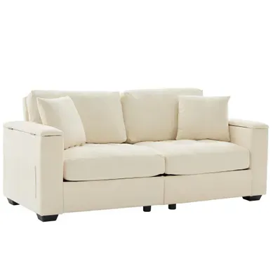 Canapé 2 Places 180 Cm, Rangement Accoudoirs Et Poches, 2 Coussins, Chenille Et Mousse, Beige Canapé 2 Places 180 Cm, Rangement Accoudoirs Et Poches, 2 Coussins, Chenille Et Mousse, Beige