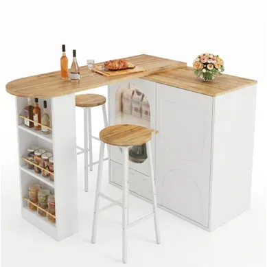 Ensemble Bar 138/204x39x105cm Avec 2 Tabouret Haut 70cm, Meuble Cuisine, Rangement Mdf + Métal Blanc Ensemble Bar 138/204x39x105cm Avec 2 Tabouret Haut 70cm, Meuble Cuisine, Rangement Mdf + Métal Blanc