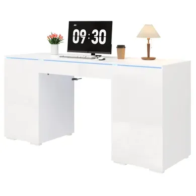 Bureau Droit 140x50 Cm, LED, 1 Tiroir Et 2 Portes, Grand Plateau, Panneaux De Particules, Blanc Bureau Droit 140x50 Cm, LED, 1 Tiroir Et 2 Portes, Grand Plateau, Panneaux De Particules, Blanc