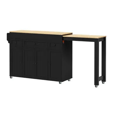Îlot De Cuisine 112-180,6 Cm, Plateau Extensible Sur Roulettes, 3 Tiroirs, Mdf, Noir Naturel