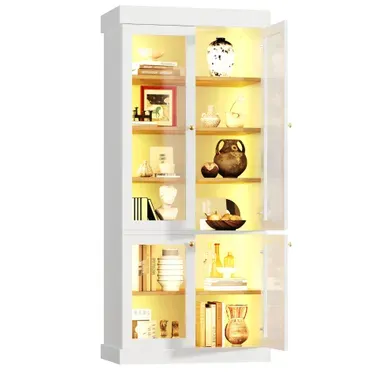 Vitrine 80x40x180 Cm, LED Intégrée, Rangement Mdf Et Verre, Anti-basculement, Blanc Vitrine 80x40x180 Cm, LED Intégrée, Rangement Mdf Et Verre, Anti-basculement, Blanc
