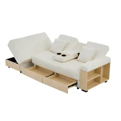 Canapé Convertible Avec Rangement, Dossier Inclinable 3 Positions, Chenille, Mdf, Beige Canapé Convertible Avec Rangement, Dossier Inclinable 3 Positions, Chenille, Mdf, Beige