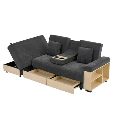 Canapé Convertible Avec Rangement, Dossier Inclinable 3 Positions, Chenille, Mdf, Gris Canapé Convertible Avec Rangement, Dossier Inclinable 3 Positions, Chenille, Mdf, Gris