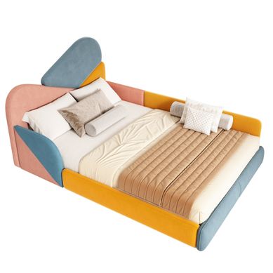 Lit Enfant 140x200 Cm, Côtés Hauts De Sécurité, Tête De Lit, Velours Doux, Multicolore Patchwork