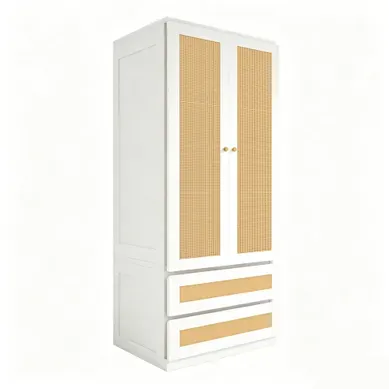 Armoire 70x55x170 Cm, 2 Portes Avec 2 Tiroirs, Bois Et Mdf, Blanc, Effet Rotin Armoire 70x55x170 Cm, 2 Portes Avec 2 Tiroirs, Bois Et Mdf, Blanc, Effet Rotin