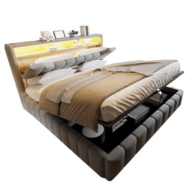 Lit Coffre 2 Places 180x200 Cm Avec LED Et USB En Tissu Effet Lin Gris Lit Coffre 2 Places 180x200 Cm Avec LED Et USB En Tissu Effet Lin Gris