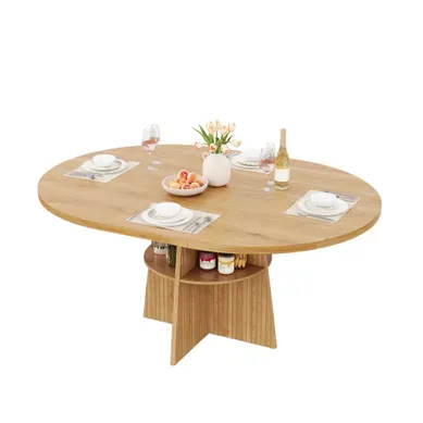 Table A Manger Ronde Extensible 110-150x110x77,5 Cm, Rangement Integre, Mdf, Coloris Bois