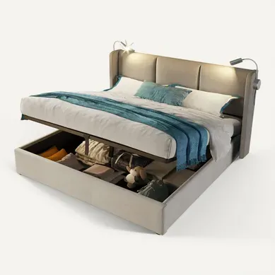 Lit Coffre 160x200 Cm Avec Sommier, Cadre De Lit Avec Rangement, Lampe, USB, En Lin Beige Lit Coffre 160x200 Cm Avec Sommier, Cadre De Lit Avec Rangement, Lampe, USB, En Lin Beige
